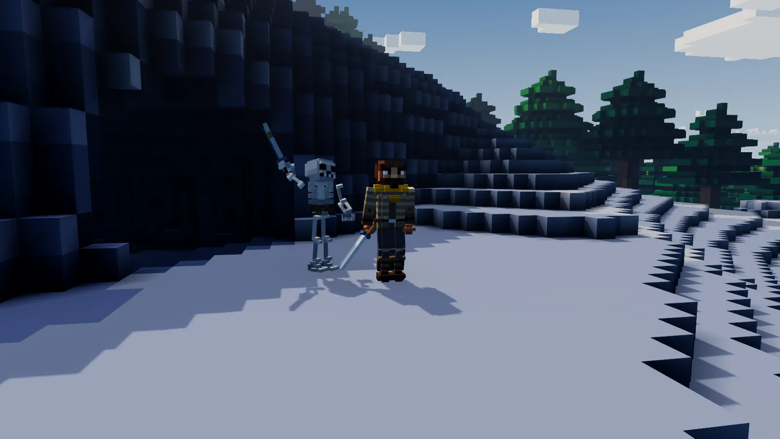 Farmark: a skeleton raises its sword at the player outside a cave mouth in a snowy, pine-covered highland