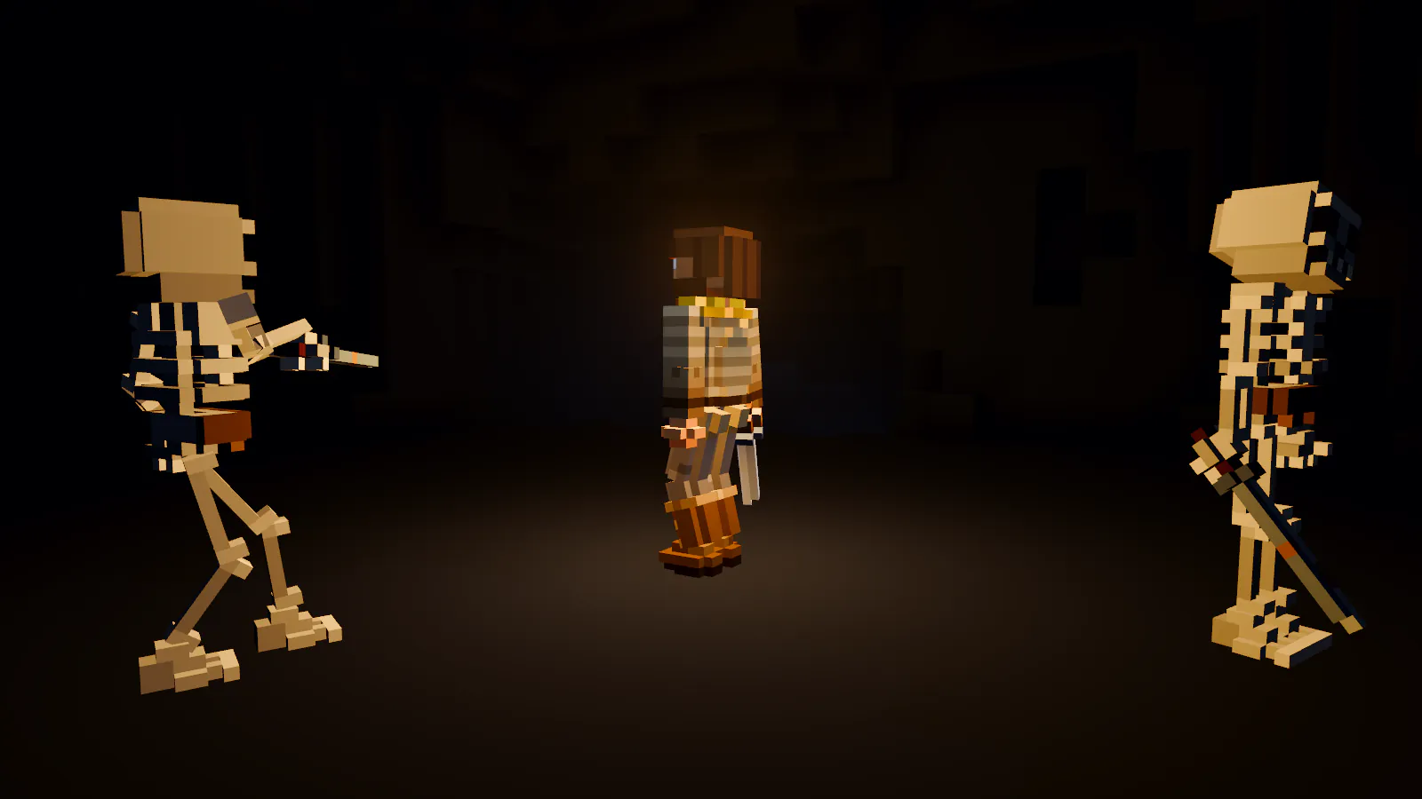 Farmark: the player stands between two skeletons in a dark cave chamber, lit only by the light they carry