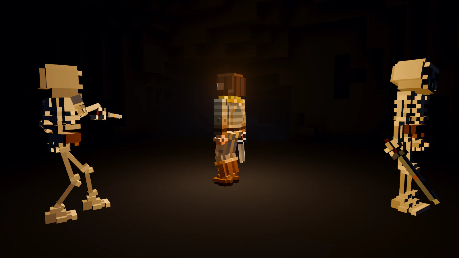 Farmark: the player stands between two skeletons in a dark cave chamber, lit only by the light they carry