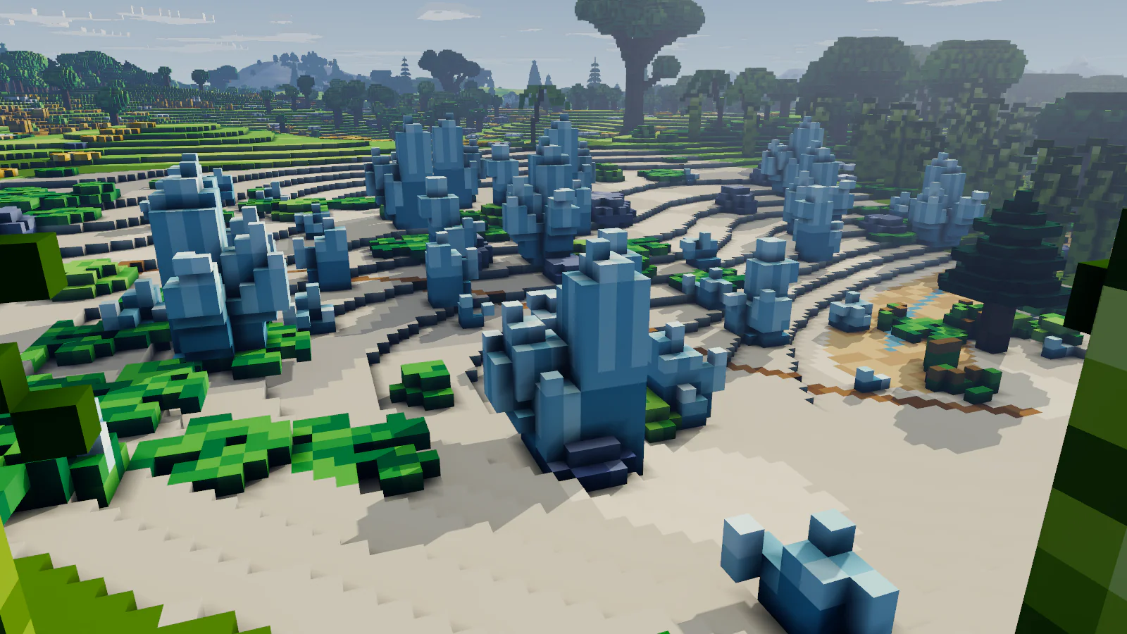 Farmark: clusters of pale blue crystals on terraced sandy ground, with a forest and a lone giant tree behind