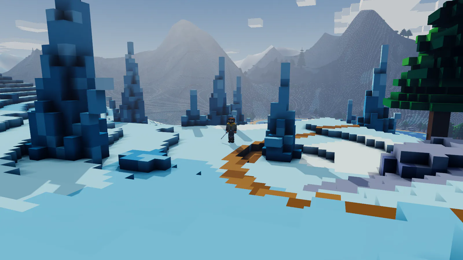 Farmark: blue ice spires rise from a frozen glacier below grey mountains, the player small in the distance