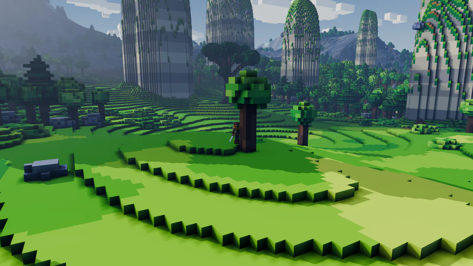 Farmark: towering vine-covered limestone pillars over green terraced hills, the player beside a lone tree