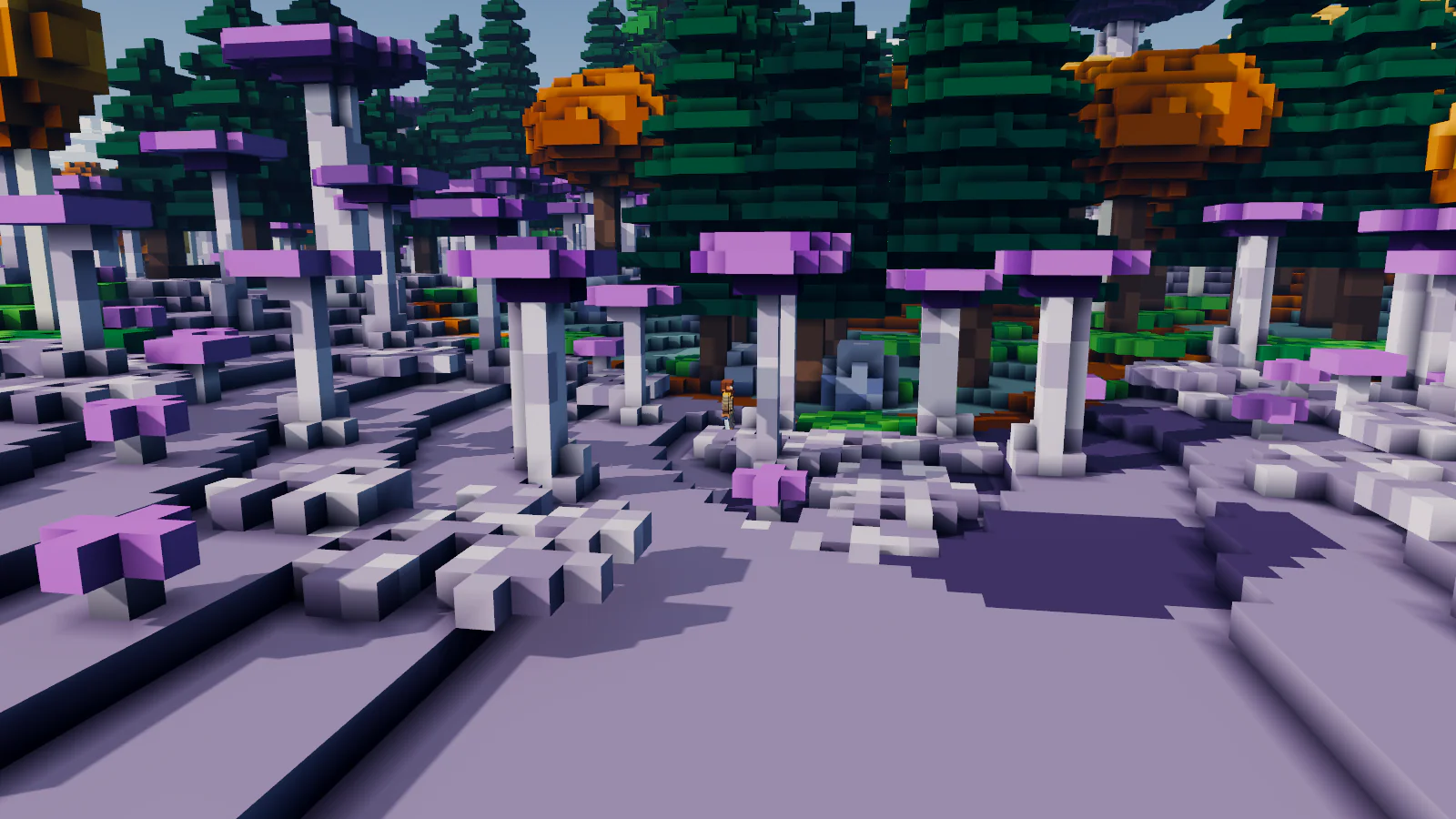 Farmark: a forest of giant violet-capped mushrooms on lilac ground, edged by dark pines and orange trees